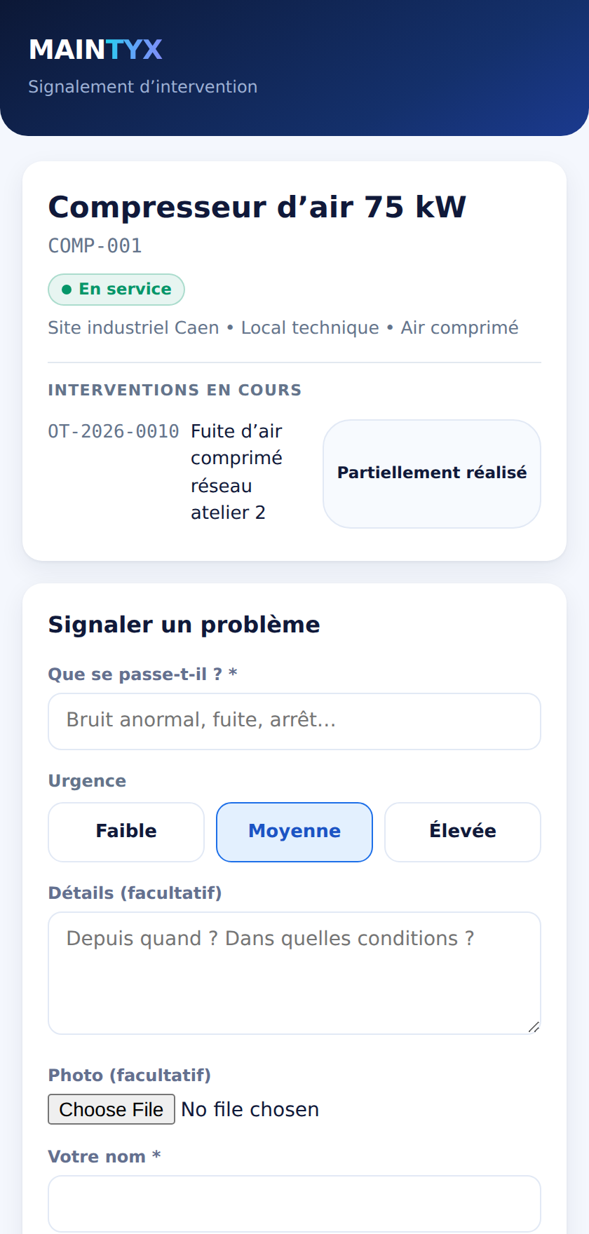 Signalement d’une panne depuis un téléphone après avoir scanné le QR code de la machine